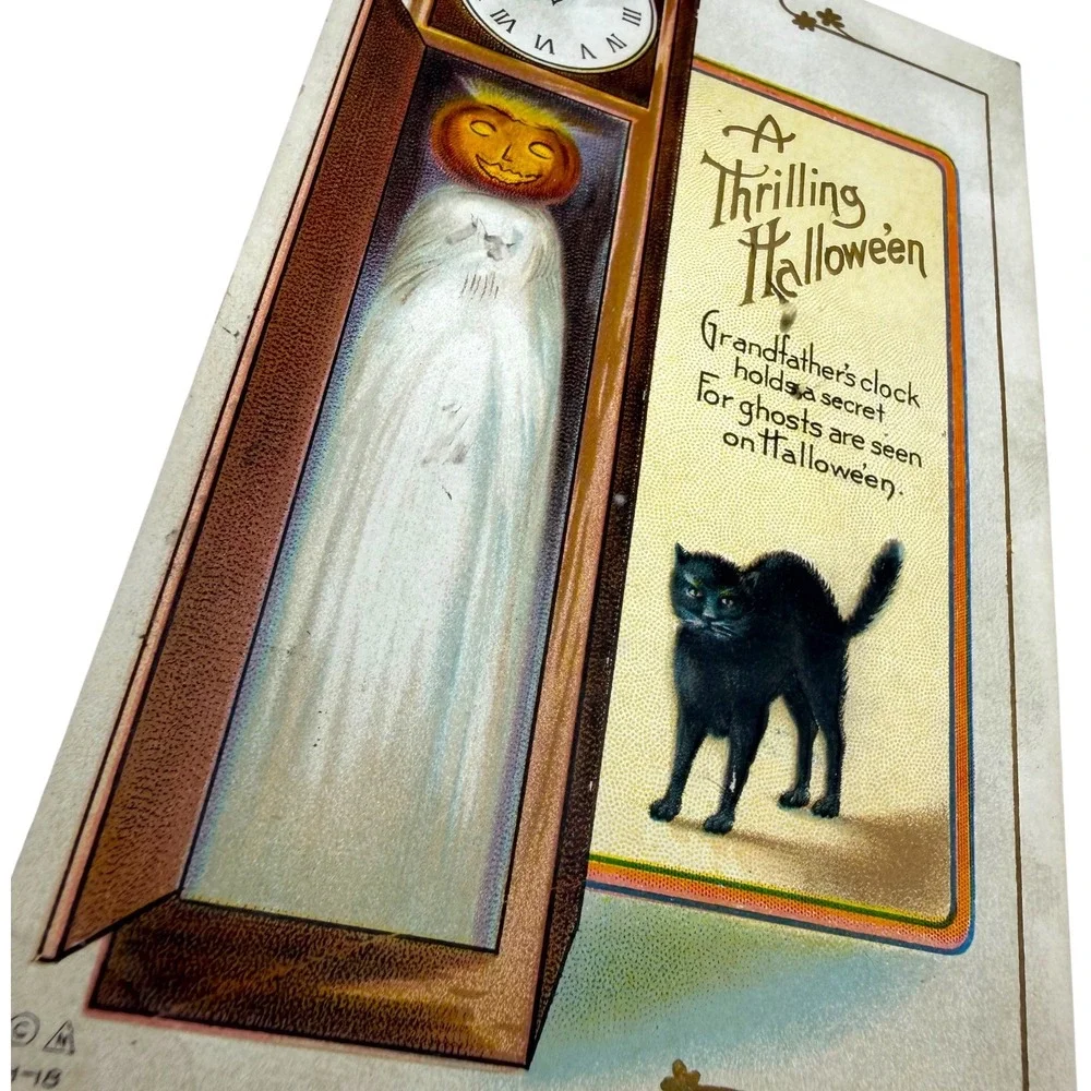 Vintage Halloween Postcard Black Cat Pumpkin Ghost Grandfather Clock Fair Used